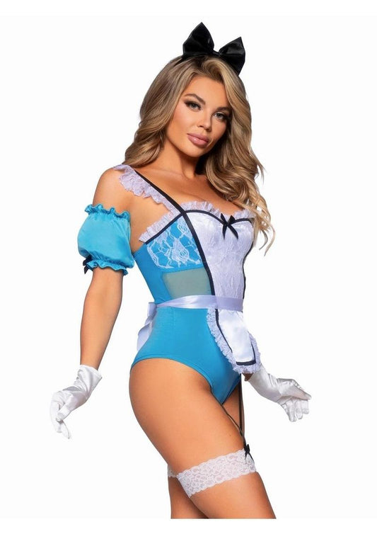 Curious Miss Alice Lace Trimmed Garter Bodysuit with Sheer Panels, Puff Sleeves, Apron, and Bow Headband
