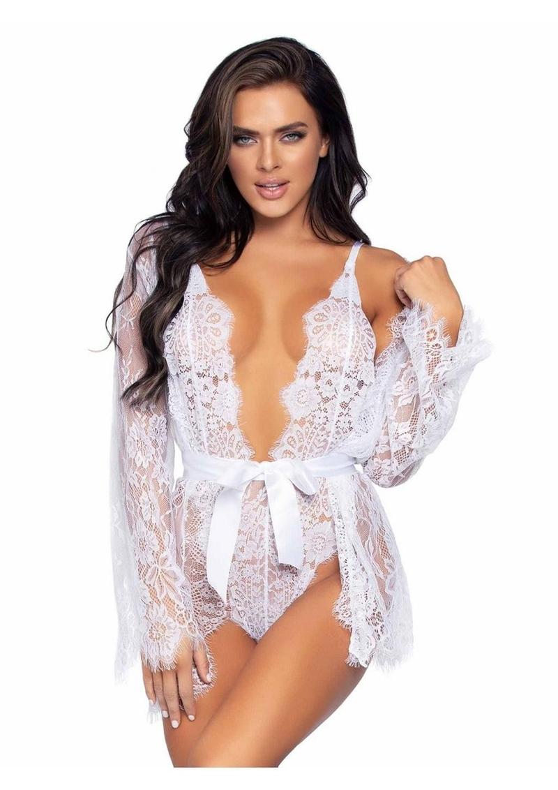 Floral Lace Teddy with Cheeky Thong Back Matching Lace Robe with Scalloped Trim and Satin Tie
