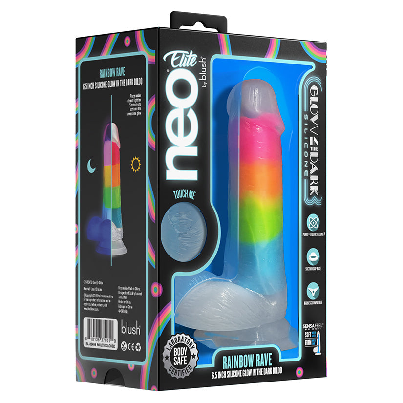Neo Elite Glow in the Dark Rainbow Rave Dual Density Dildo 6.5"