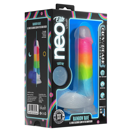 Neo Elite Glow in the Dark Rainbow Rave Dual Density Dildo 6.5"