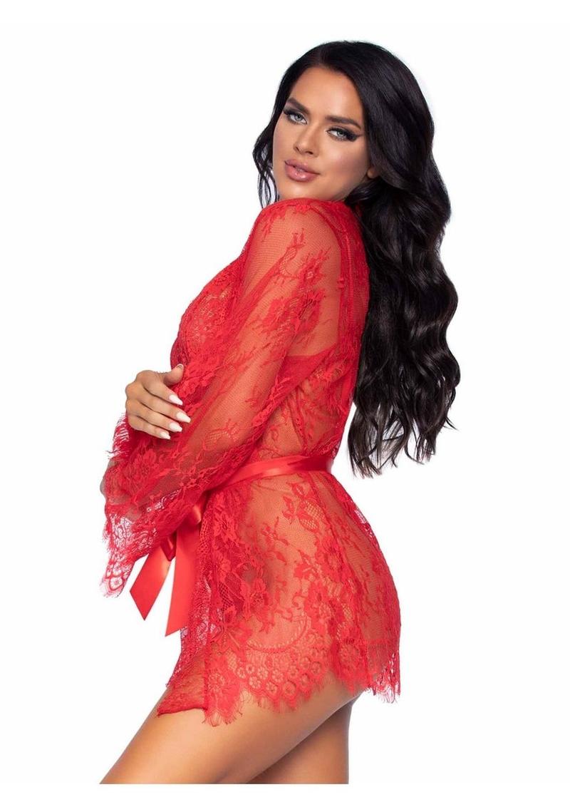 Floral Lace Teddy with Cheeky Thong Back Matching Lace Robe with Scalloped Trim and Satin Tie
