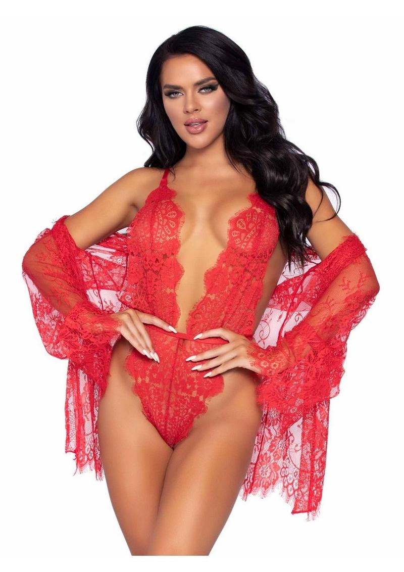 Floral Lace Teddy with Cheeky Thong Back Matching Lace Robe with Scalloped Trim and Satin Tie