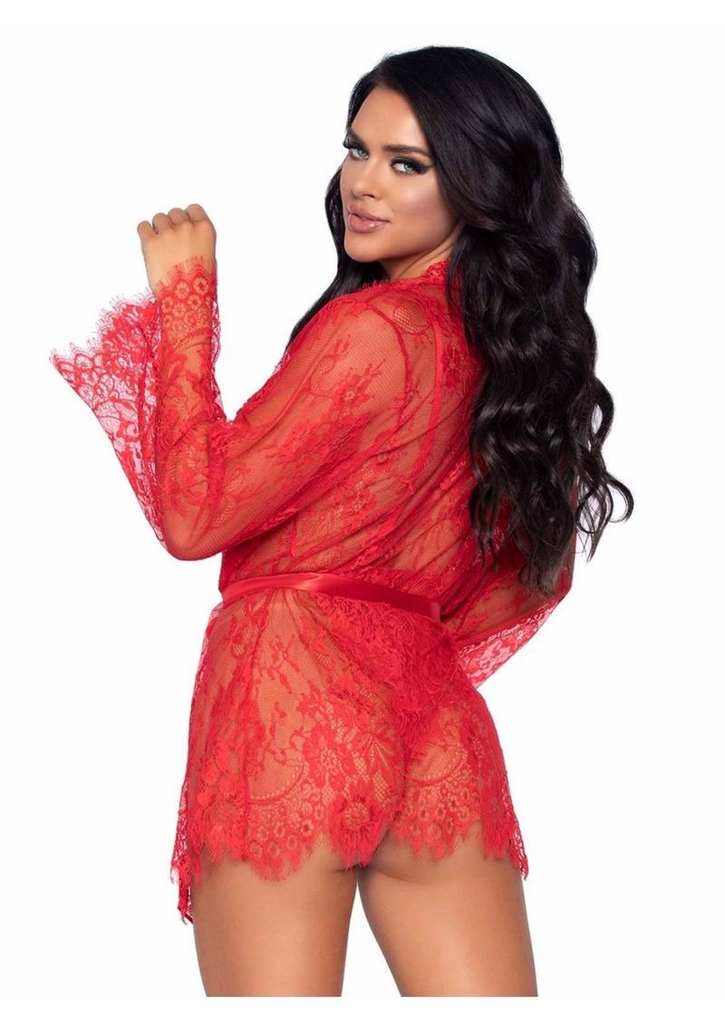 Floral Lace Teddy with Cheeky Thong Back Matching Lace Robe with Scalloped Trim and Satin Tie