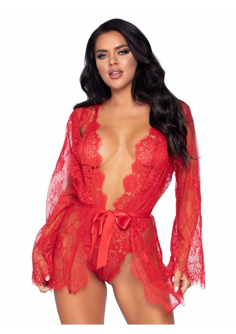 Floral Lace Teddy with Cheeky Thong Back Matching Lace Robe with Scalloped Trim and Satin Tie