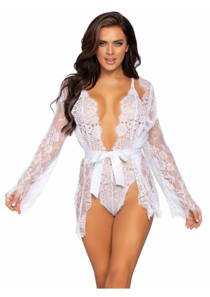 Floral Lace Teddy with Cheeky Thong Back Matching Lace Robe with Scalloped Trim and Satin Tie