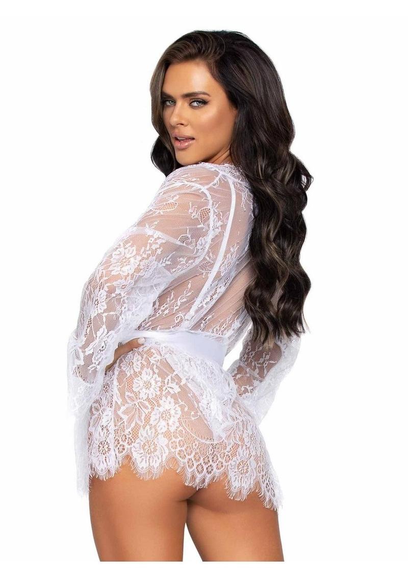 Floral Lace Teddy with Cheeky Thong Back Matching Lace Robe with Scalloped Trim and Satin Tie
