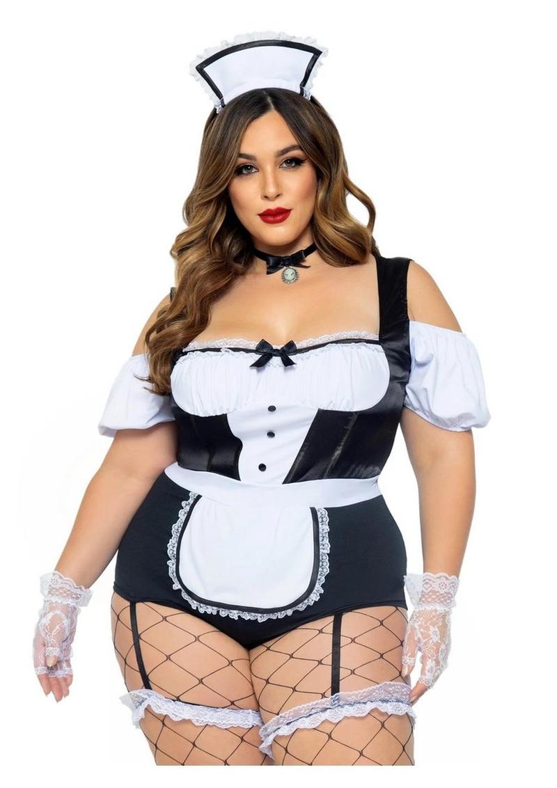 Foxy Frenchie Garter Bodysuit with Attached Apron, Choker, and Hat Headband