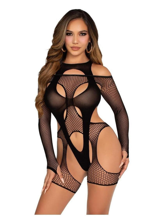 Off-The-Shoulder Fishnet Garter Harness and Layered Opaque Cut-Out Teddy